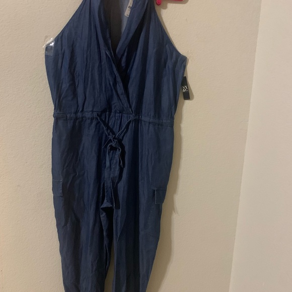 NY&C Chambray Shawl-Collar Tie-Front Jumpsuit Blue Size XXL - Picture 4 of 10